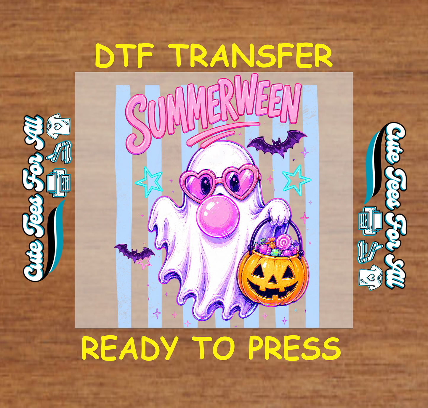 DTF transfer with a ghost character holding a pumpkin bucket on a wooden background