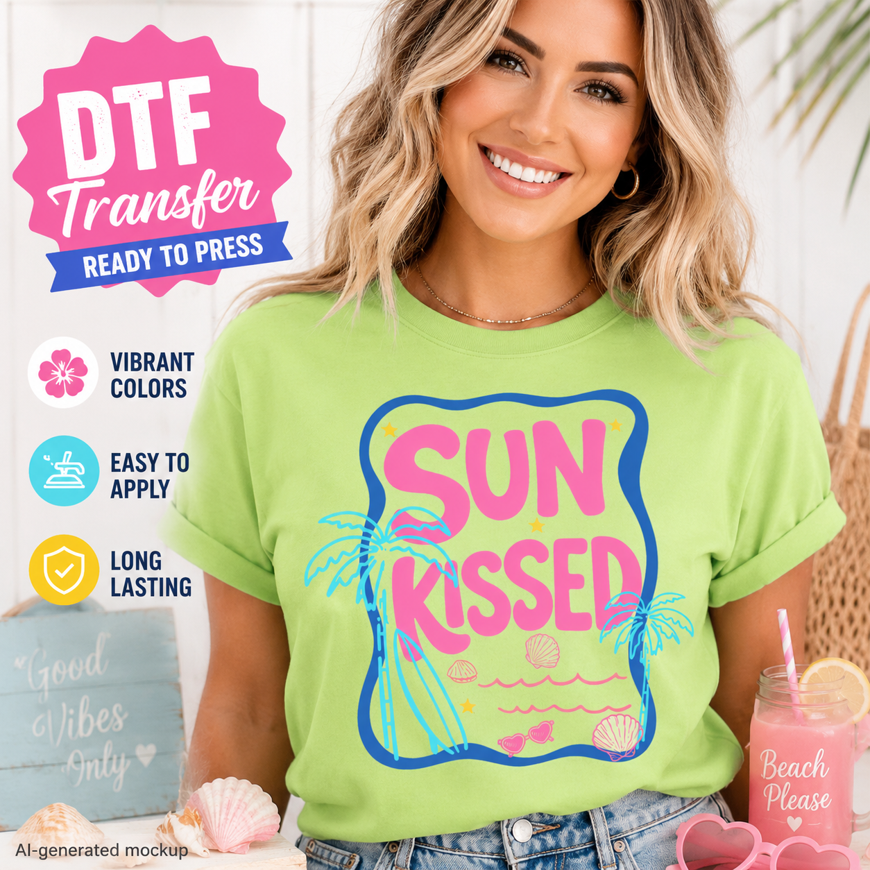 Woman wearing a green t-shirt with 'Sun Kissed' design, surrounded by promotional text for DTF transfers.
