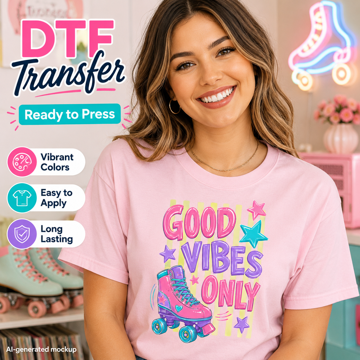 Woman wearing a pink t-shirt with 'Good Vibes Only' design, surrounded by DTF transfer materials.