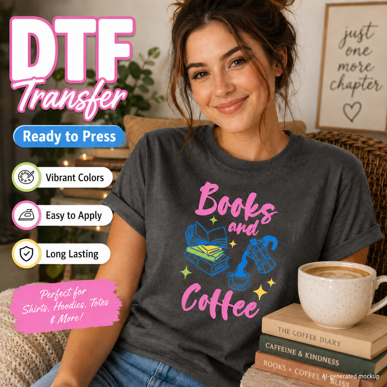 Woman wearing a t-shirt with 'Books and Coffee' design, surrounded by coffee and books.