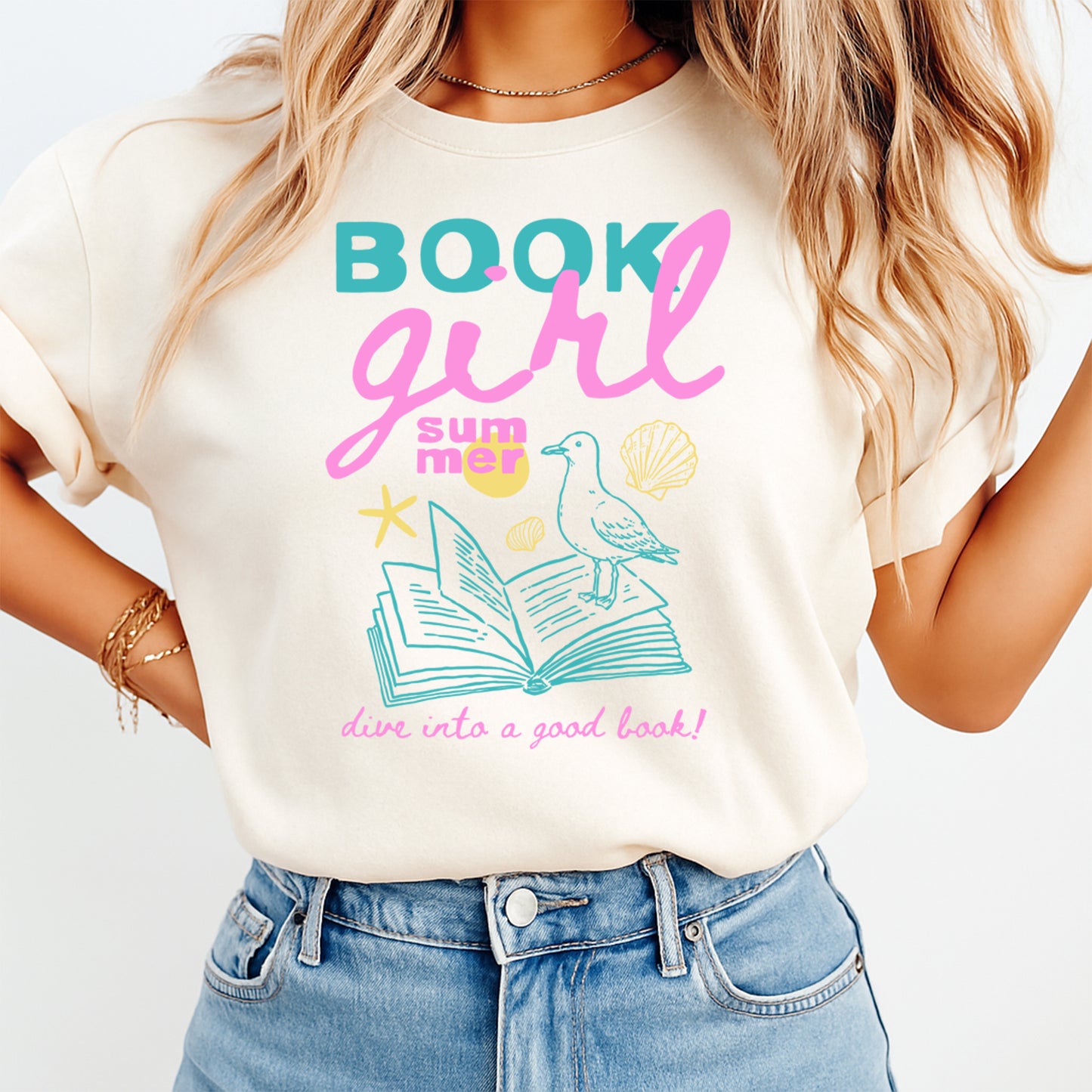 Real lifestyle mockup of a Book Girl Summer DTF transfer on a shirt, ready to press summer book lover iron on design for DIY shirts