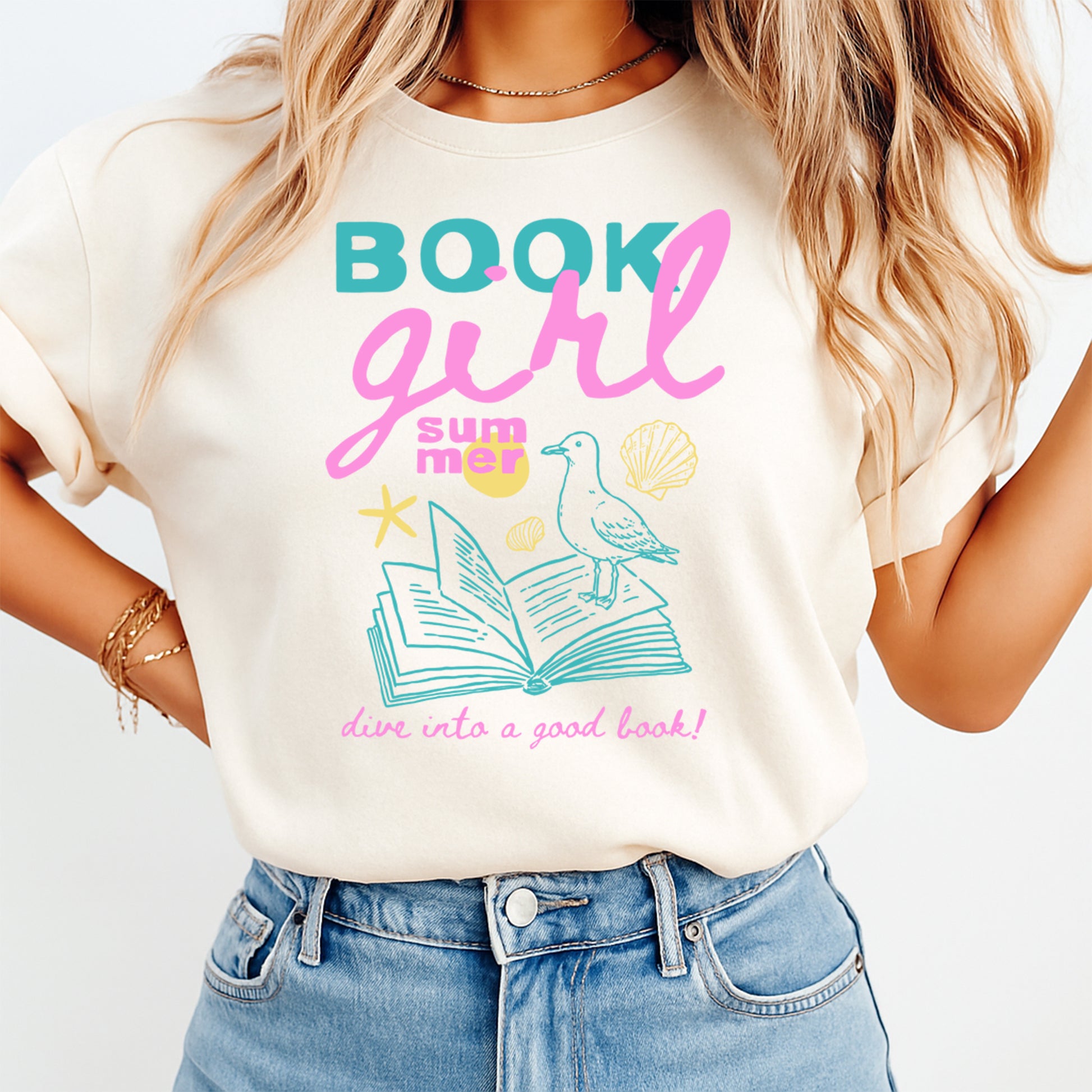 Real lifestyle mockup of a Book Girl Summer DTF transfer on a shirt, ready to press summer book lover iron on design for DIY shirts