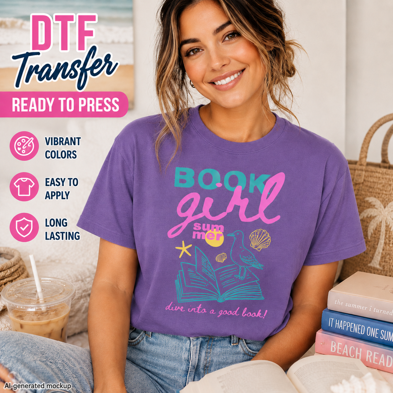 Woman wearing a purple 'Book Girl' t-shirt with beach-themed graphics, sitting on a couch with books and a drink.