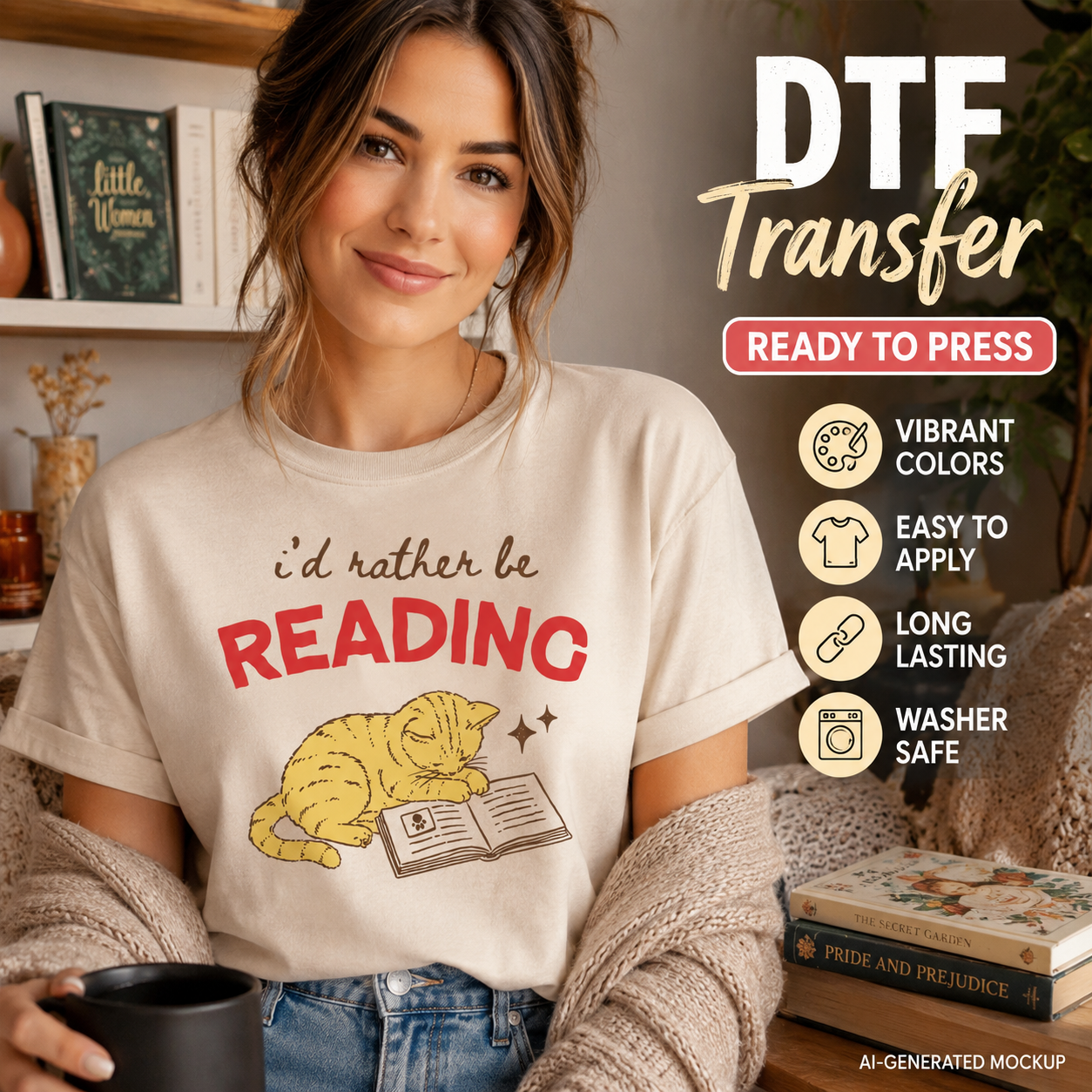 Real lifestyle mockup of an I’d Rather Be Reading cat DTF transfer on a shirt, ready to press book lover iron on design for DIY shirts