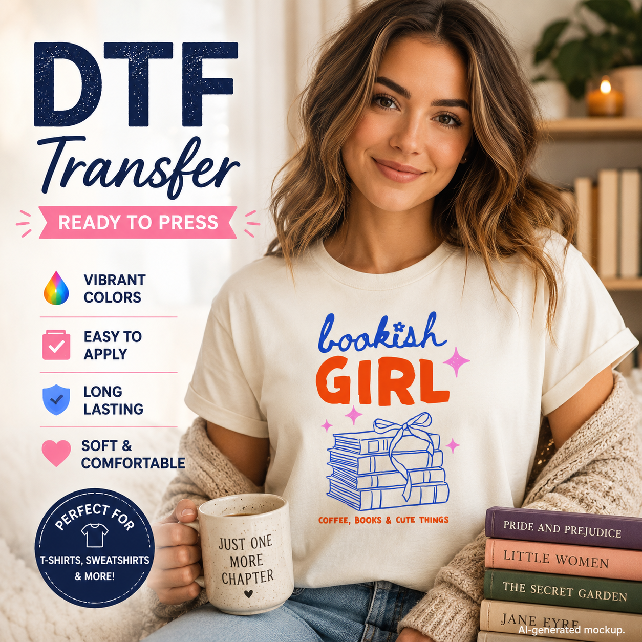 Woman wearing a 'bookish GIRL' t-shirt holding a mug with book-themed text, surrounded by books.