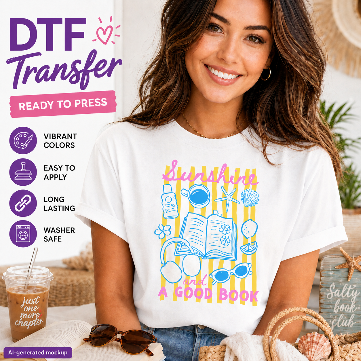 Real lifestyle mockup of a Sunshine And A Good Book DTF transfer on a shirt, ready to press summer reading iron on design for DIY shirts