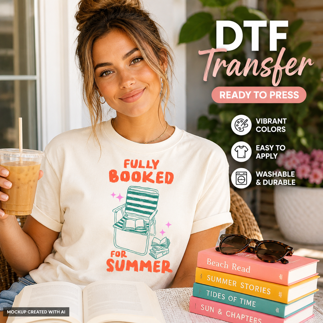 Woman wearing a 'Fully Booked for Summer' t-shirt, holding a drink, with books and sunglasses on a table.