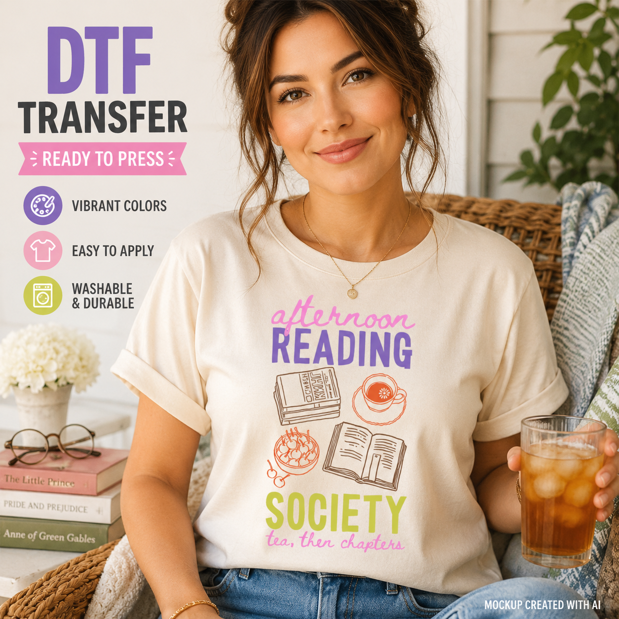 Woman wearing a t-shirt with 'afternoon reading society' design, holding a drink.
