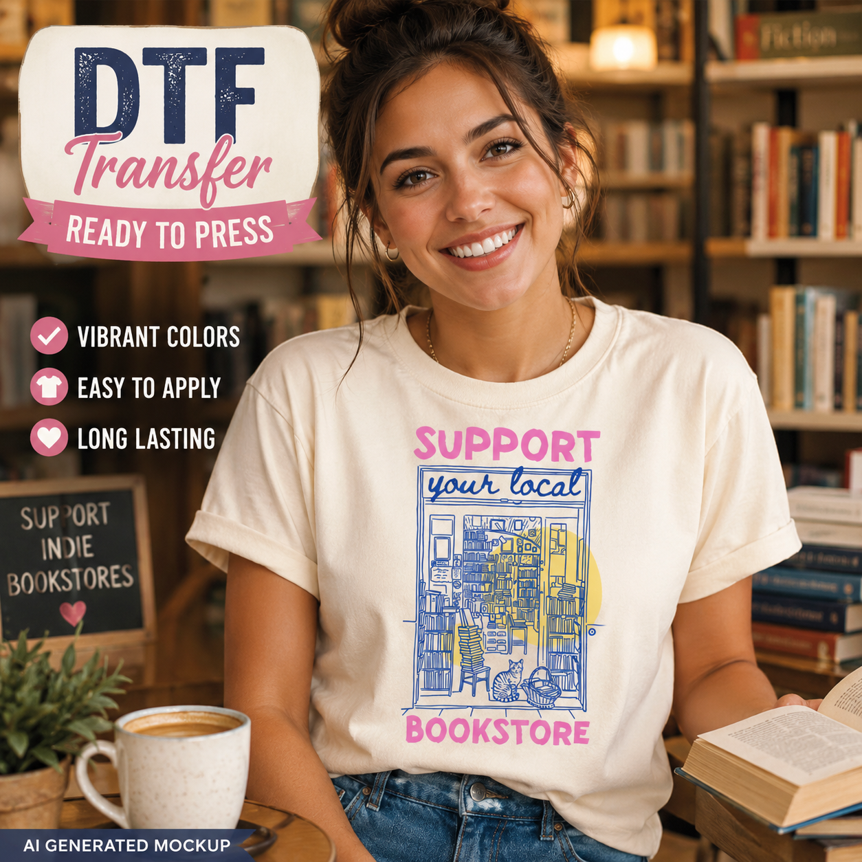 Woman wearing a t-shirt with 'Support your local bookstore' design in a library setting.