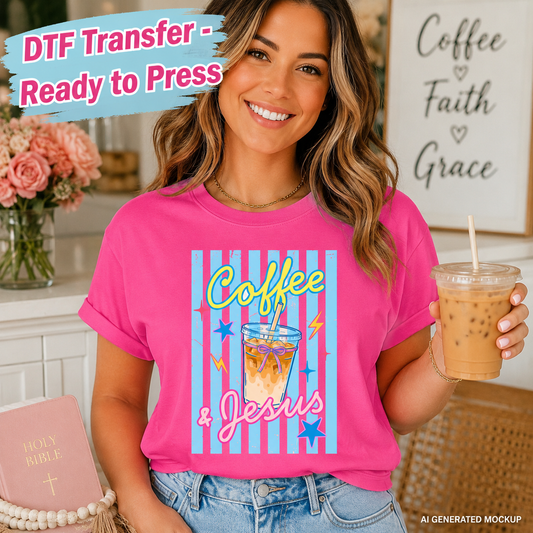Woman wearing a pink t-shirt with 'Coffee & Jesus' design, holding iced coffee.
