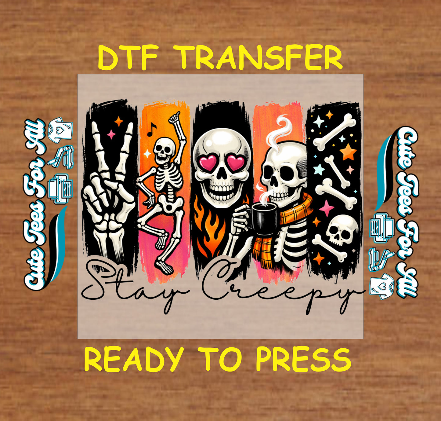 DTF transfer with skeleton designs on a wooden background