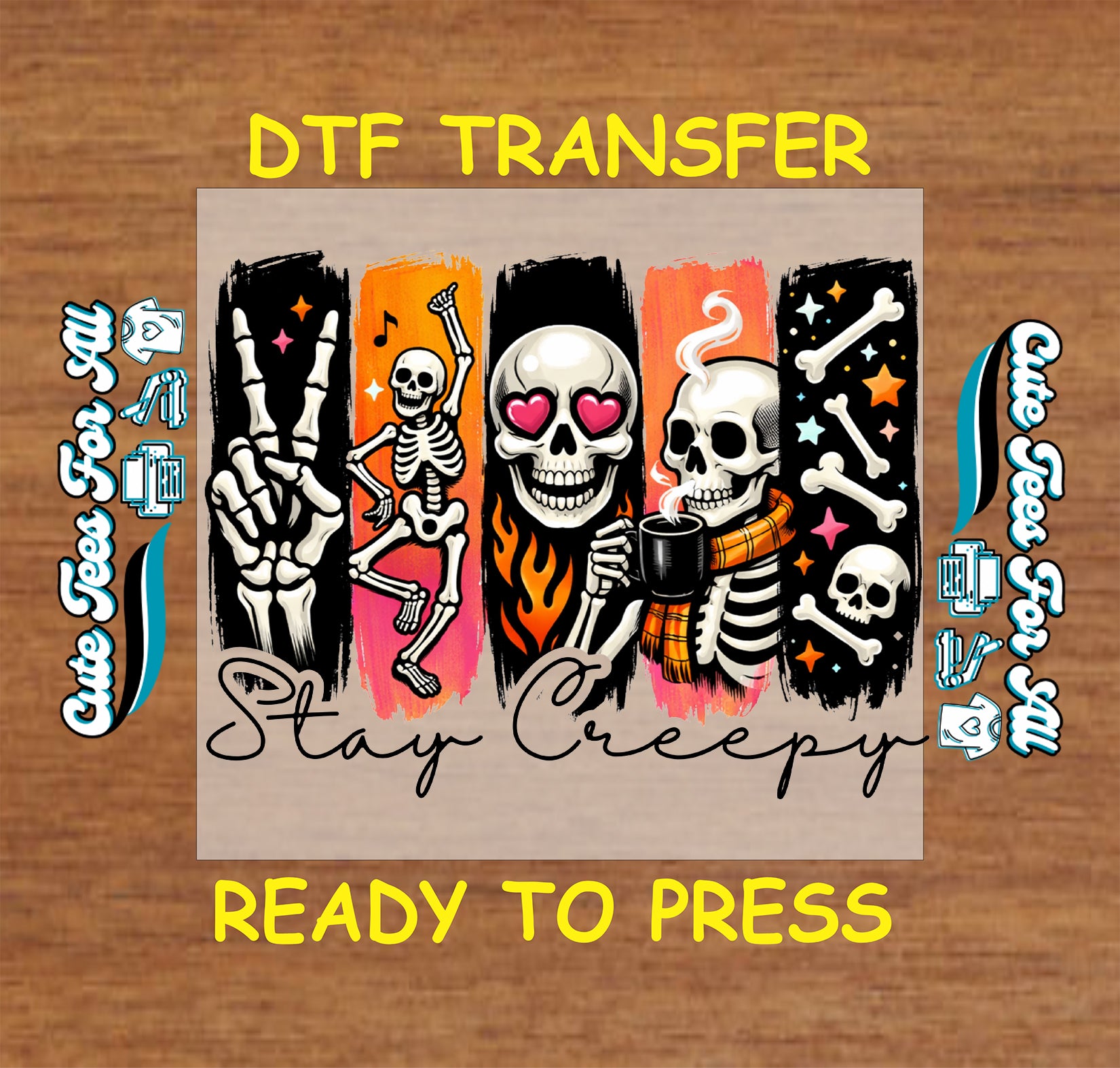 DTF transfer with skeleton designs on a wooden background