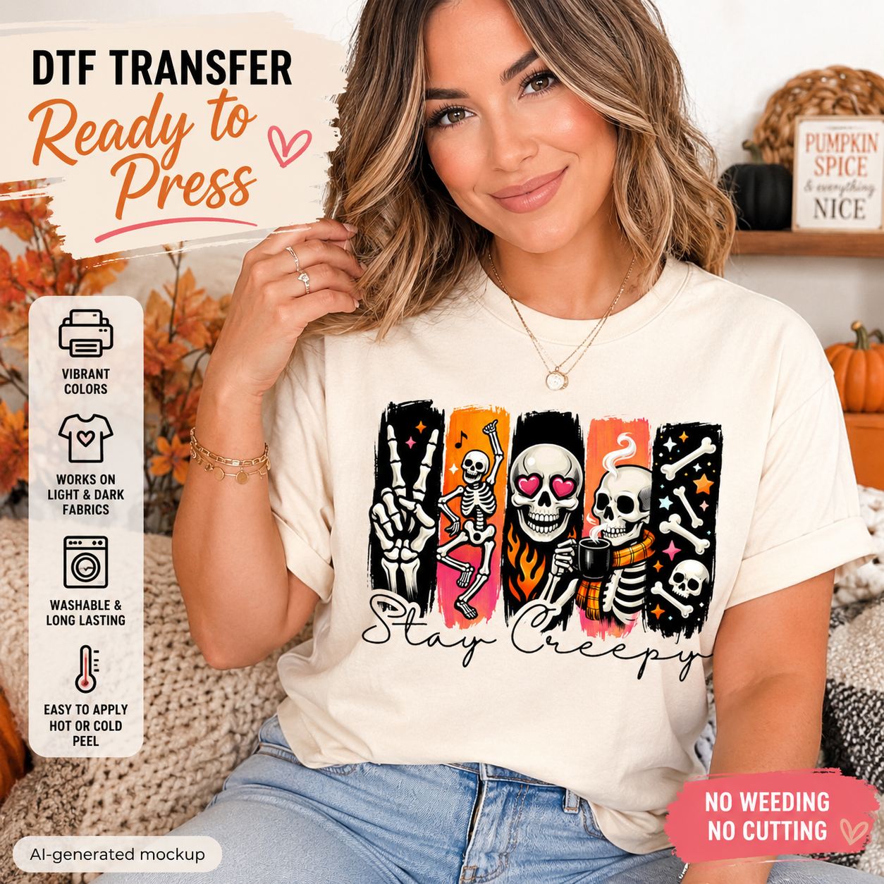 Woman wearing a t-shirt with skeleton designs and 'Stay Creepy' text, with promotional text about DTF transfers.