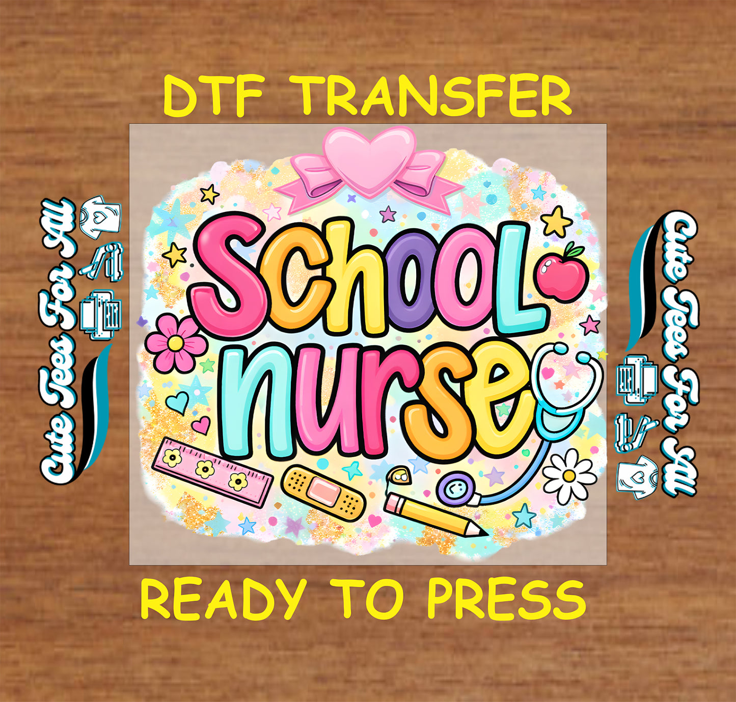 Colorful 'School Nurse' design with decorative elements on a wooden background