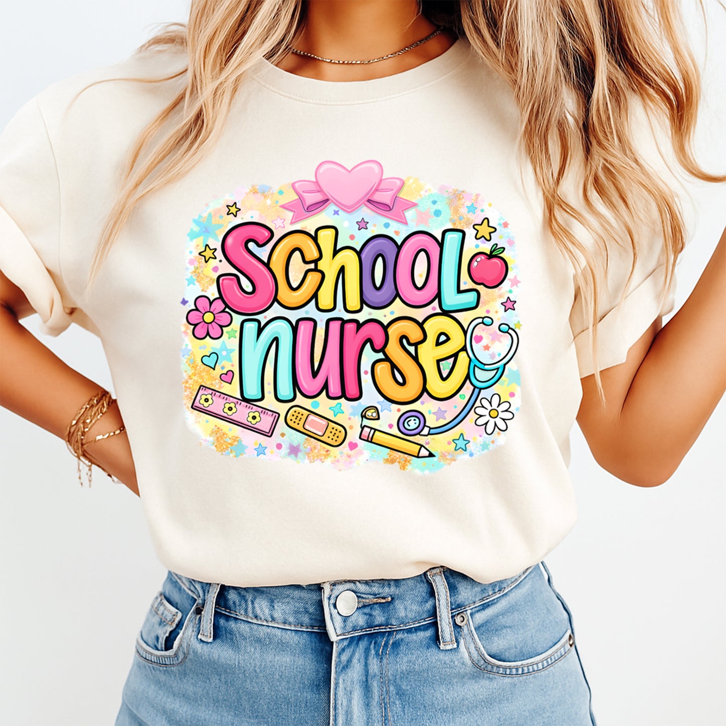 Person wearing a white t-shirt with 'School Nurse' design on a plain background