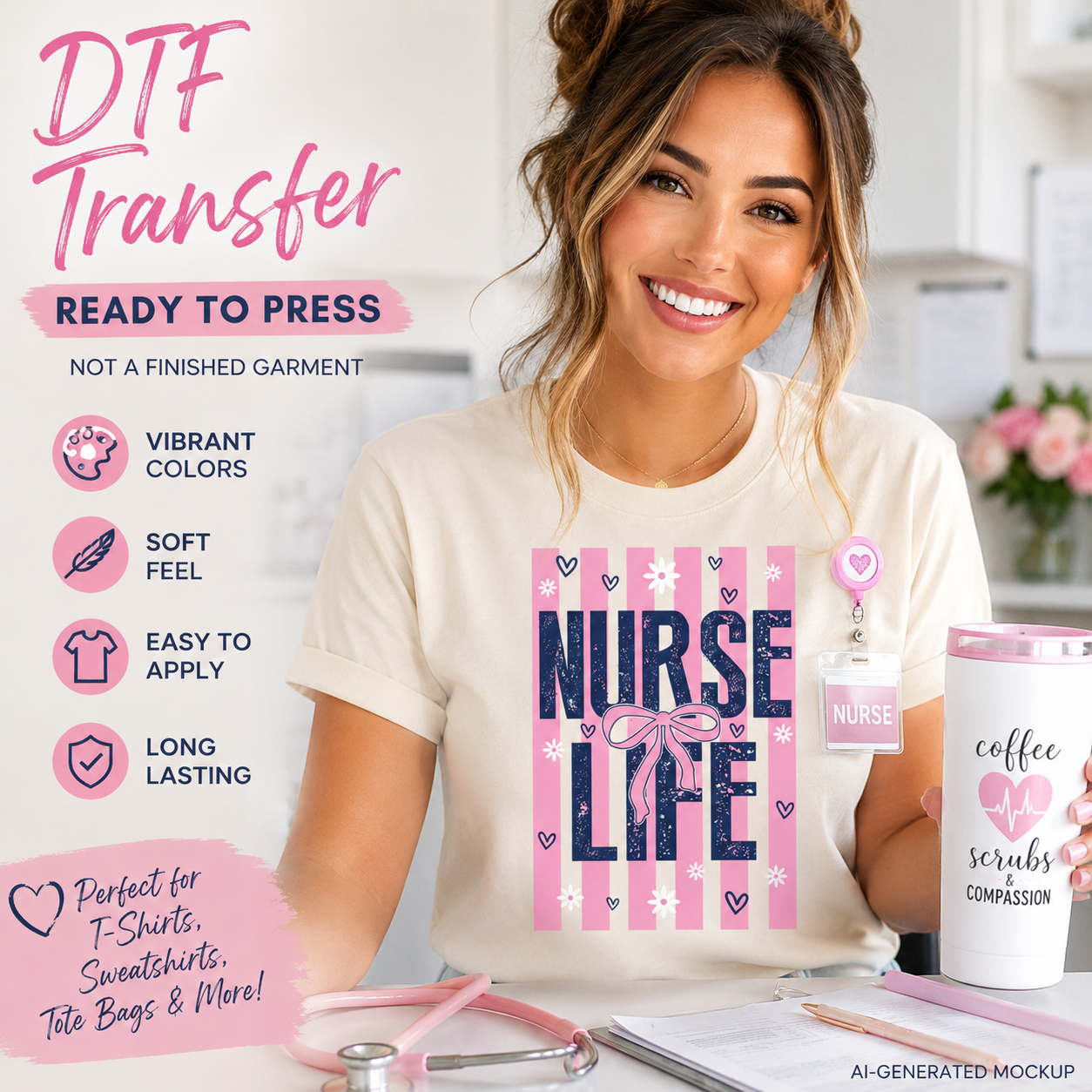 Woman wearing a 'Nurse Life' t-shirt with DTF transfer design, holding a tumbler.