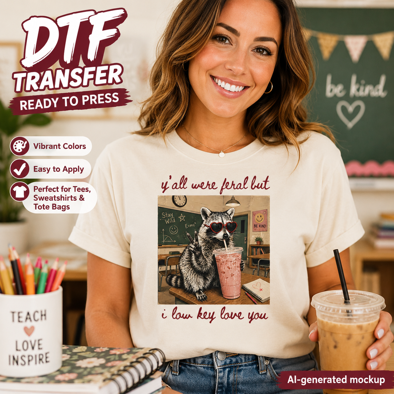 Woman wearing a t-shirt with a raccoon graphic and text, holding a drink in a classroom setting.