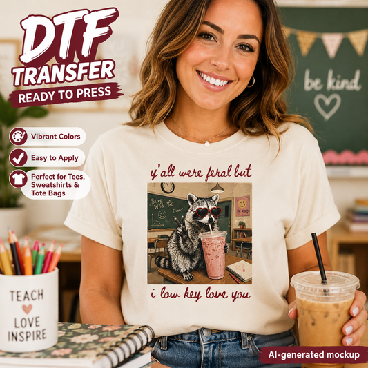 Woman wearing a t-shirt with a raccoon graphic and text, holding a drink in a classroom setting.