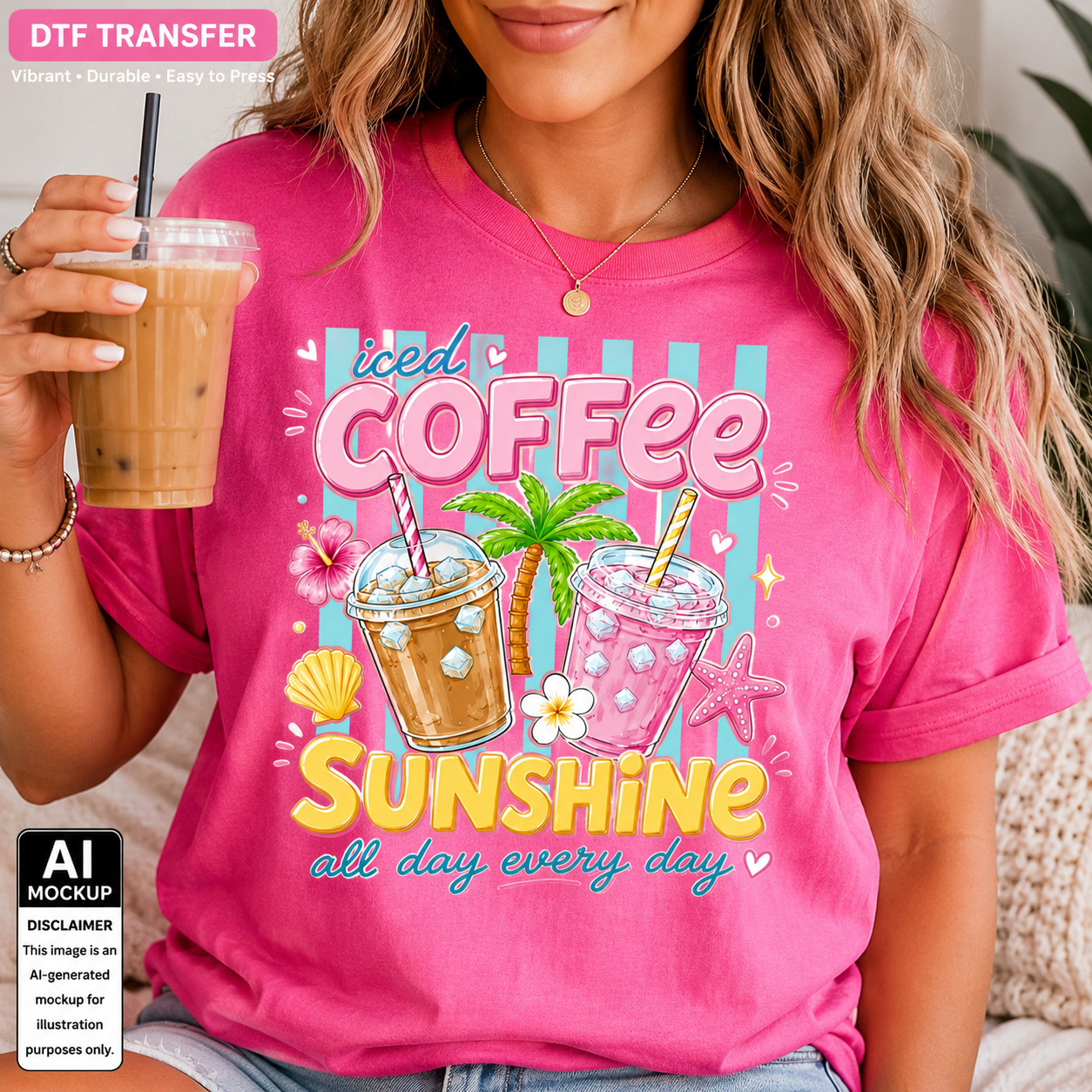 Person wearing a pink t-shirt with 'iced coffee sunshine all day every day' design, holding an iced coffee cup.