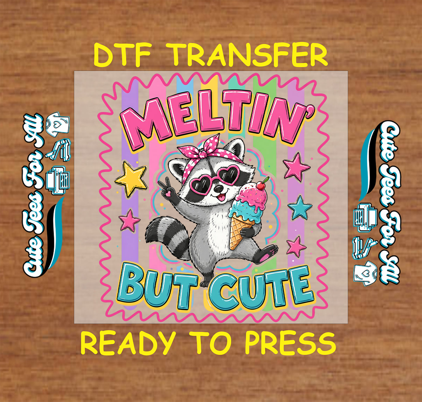 DTF transfer with raccoon holding an ice cream cone on a wooden background