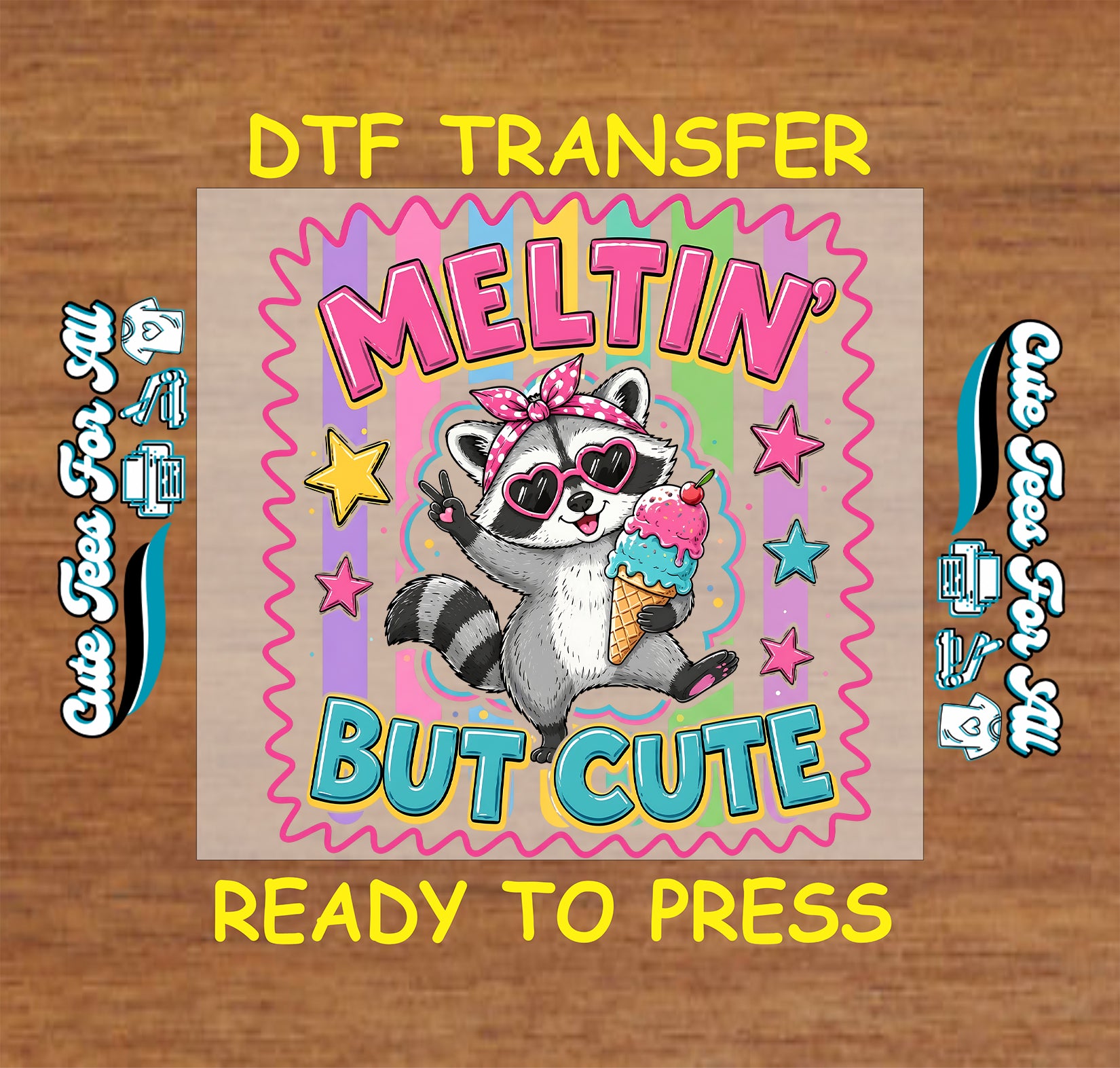 DTF transfer with raccoon holding an ice cream cone on a wooden background