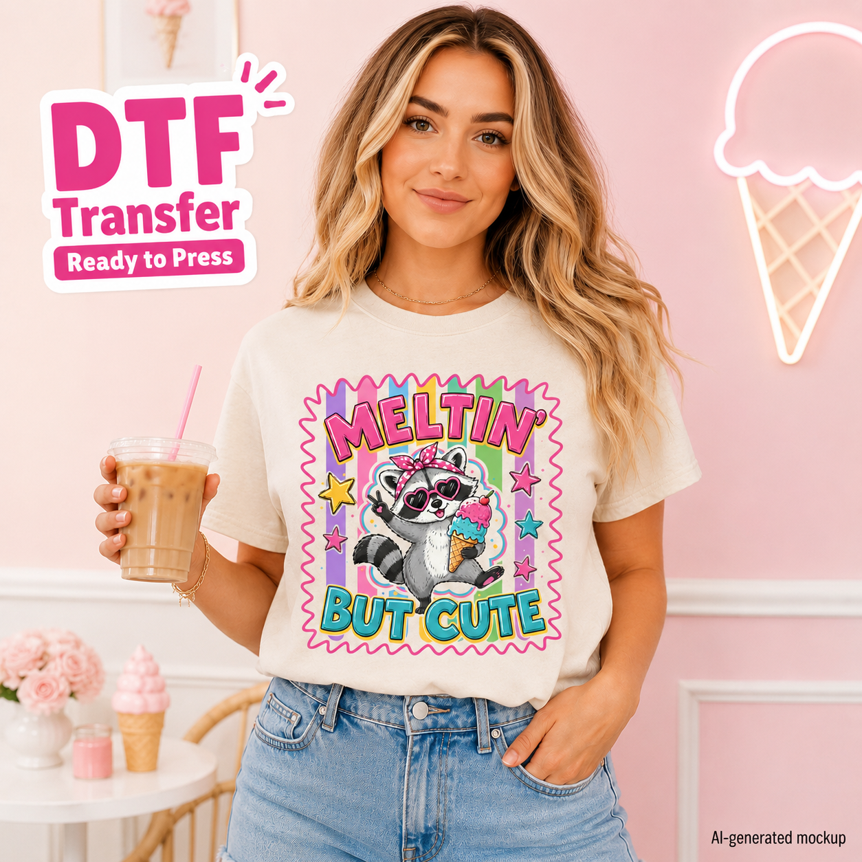 Woman wearing a t-shirt with a raccoon graphic and text, holding a drink in a pink-themed setting.