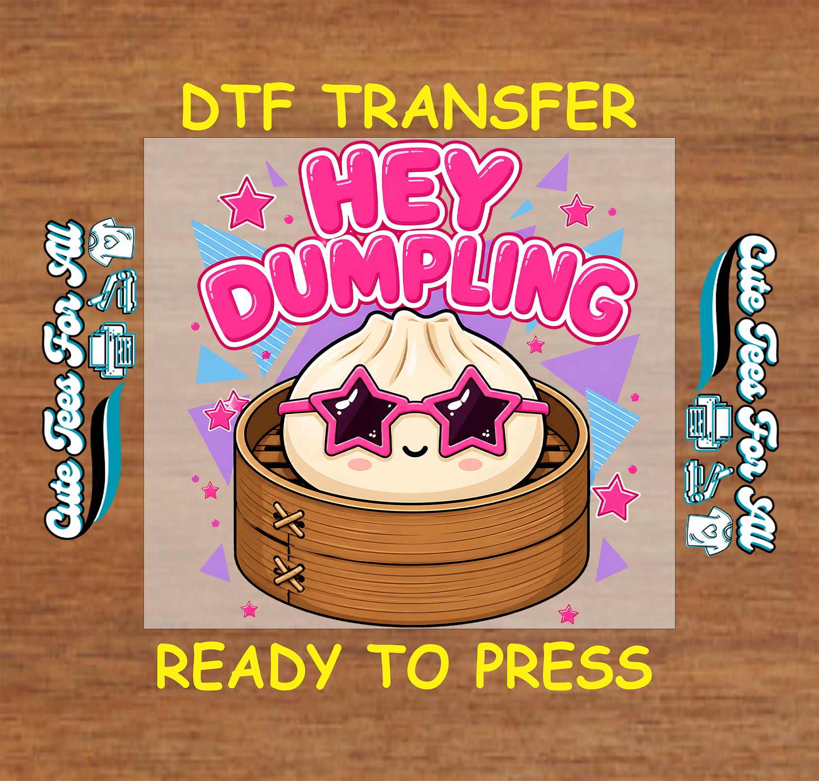 DTF transfer with a cartoon dumpling wearing sunglasses on a wooden background