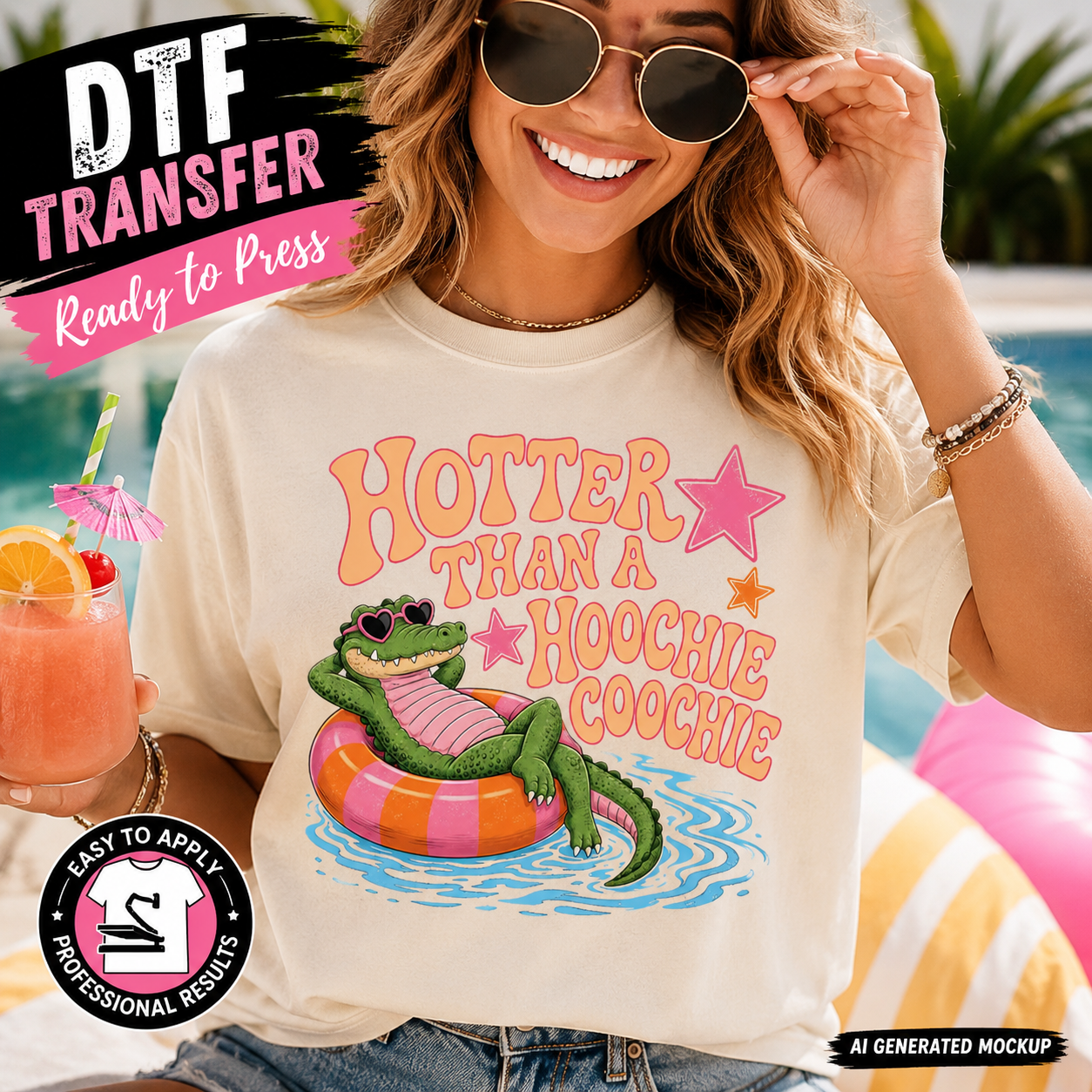 Woman wearing a t-shirt with a graphic design of a crocodile on an inner tube, holding a drink by a pool.