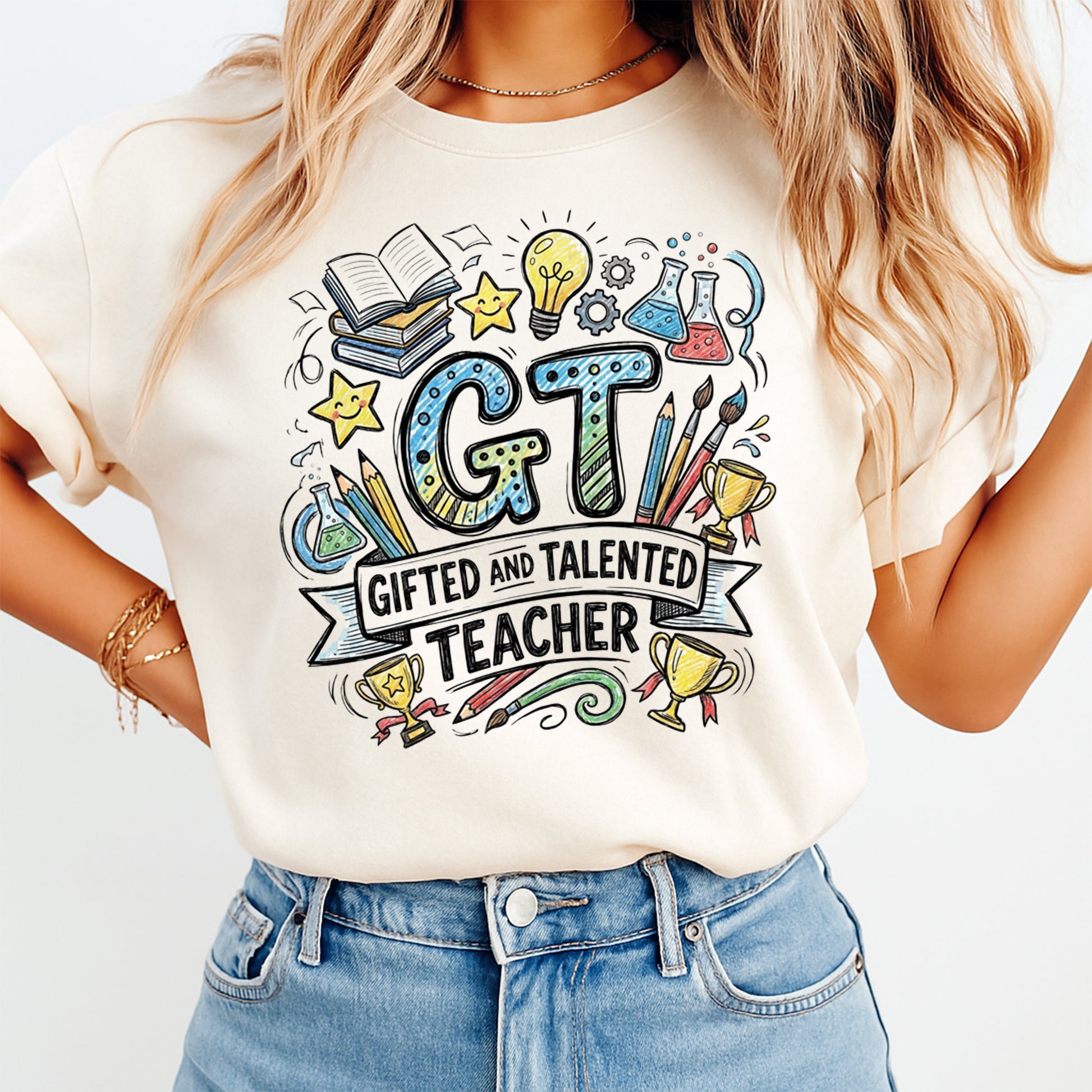 Person wearing a white t-shirt with 'Gifted and Talented Teacher' design on a plain background