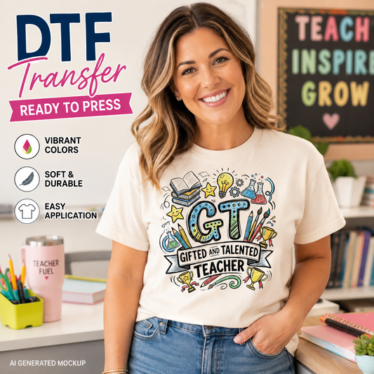 Woman wearing a 'Gifted and Talented Teacher' t-shirt with classroom background