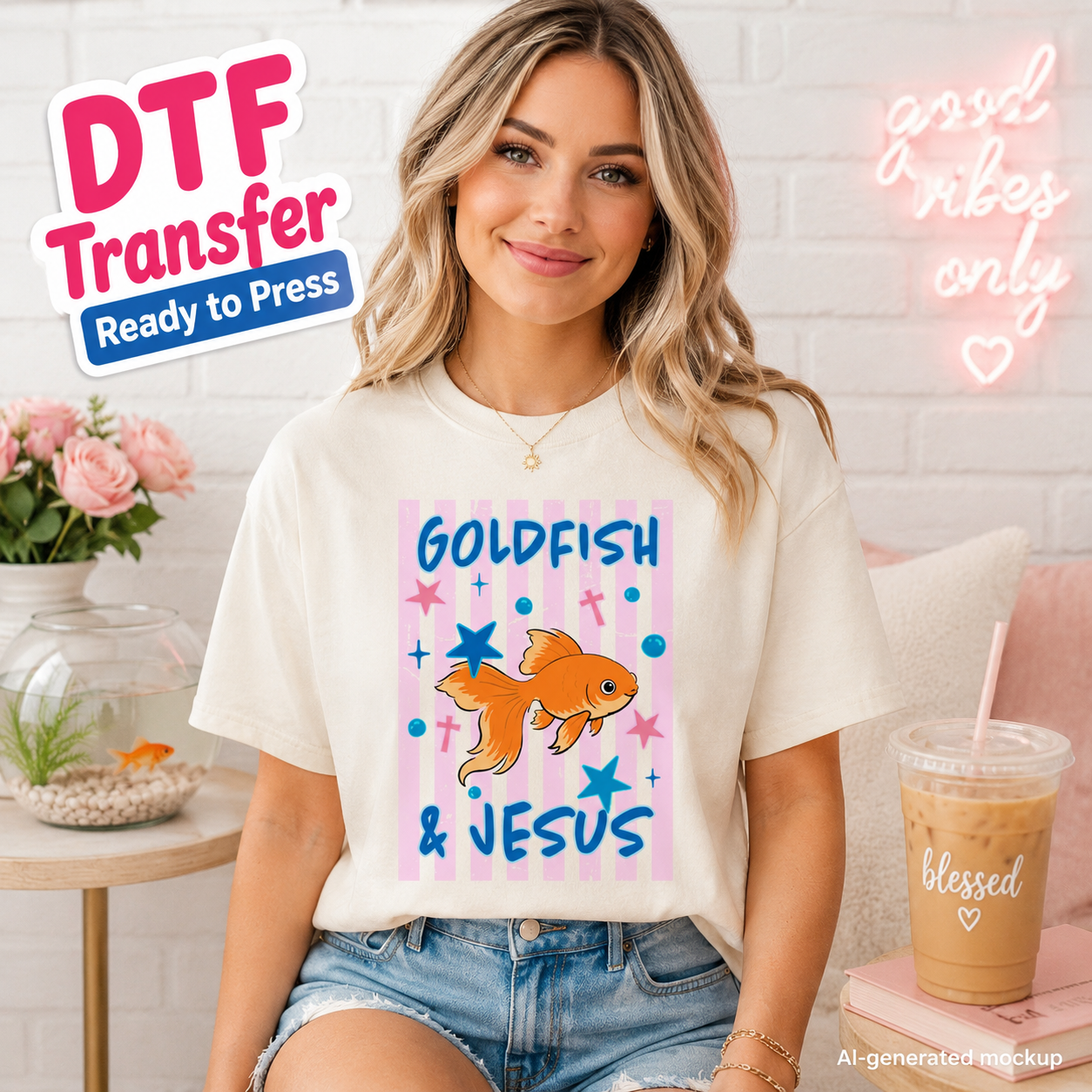 Woman wearing a t-shirt with 'Goldfish & Jesus' design, sitting in a casual setting.