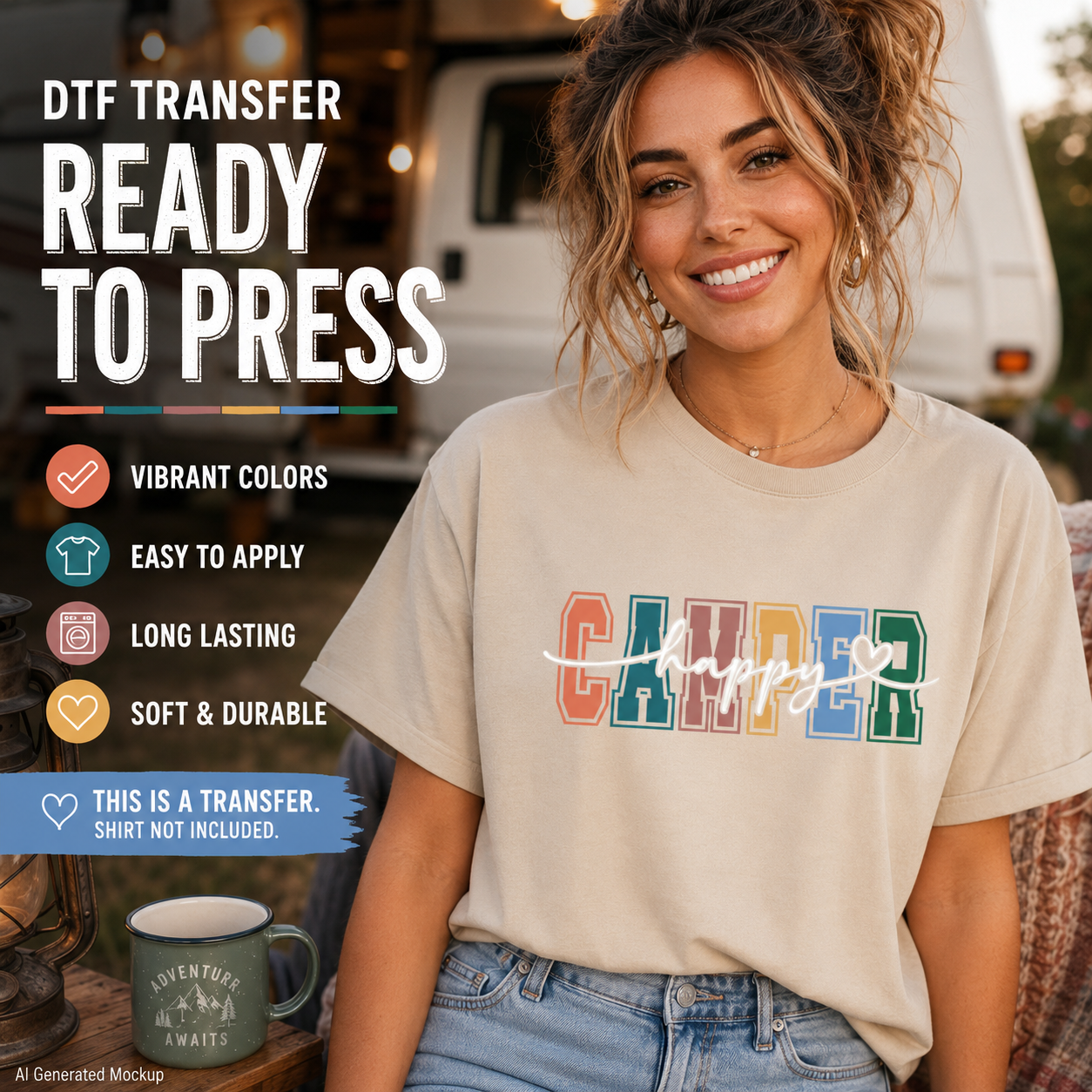 Woman wearing a t-shirt with 'Camper Happy' text, sitting in front of a camper van.