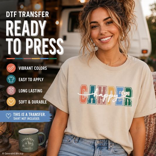 Woman wearing a t-shirt with 'Camper Happy' text, sitting in front of a camper van.
