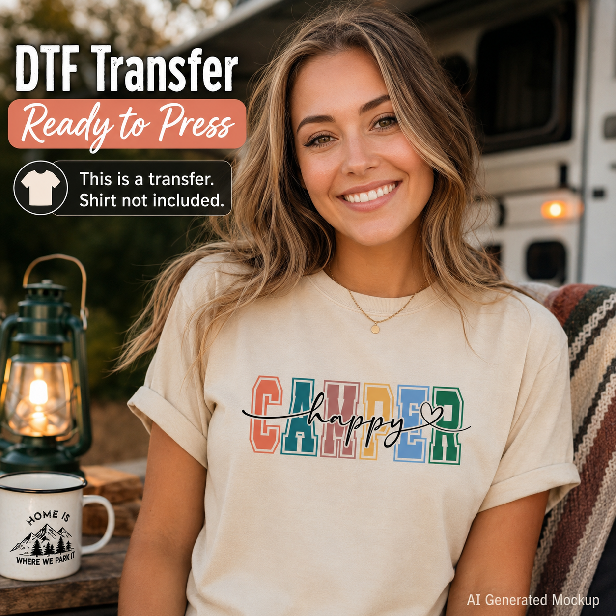 Woman wearing a 'Happy Camper' t-shirt with outdoor setting