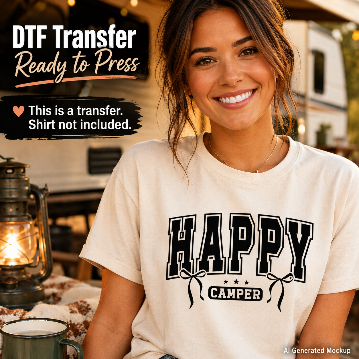 Woman wearing a 'Happy Camper' t-shirt with outdoor setting