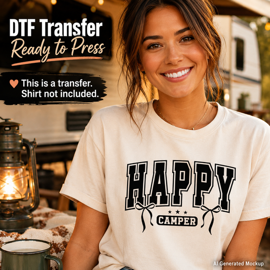 Woman wearing a 'Happy Camper' t-shirt with outdoor setting
