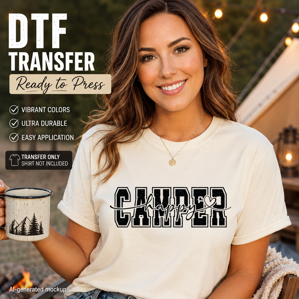 Woman wearing a t-shirt with 'Happy Camper' text, holding a mug, with camping background.