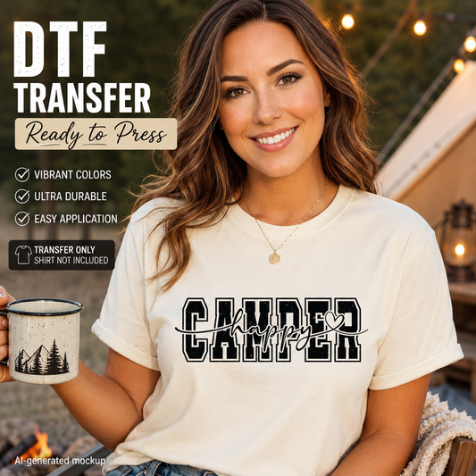 Woman wearing a t-shirt with 'Happy Camper' text, holding a mug, with camping background.