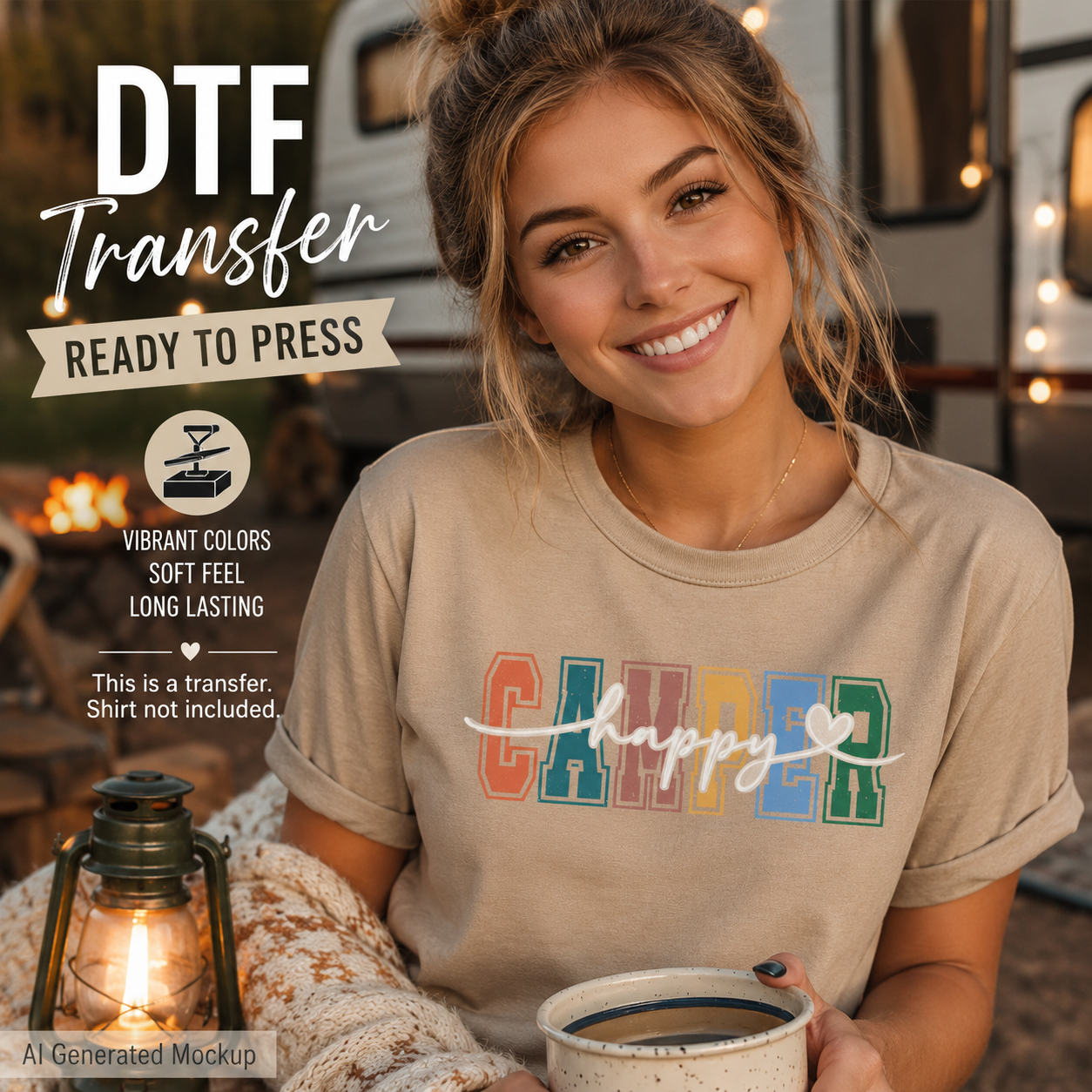Woman wearing a t-shirt with 'Happy Camper' printed on it, holding a cup, with promotional text for DTF transfers.