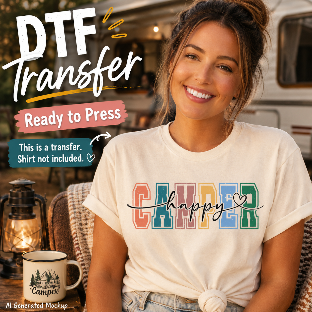 Woman wearing a t-shirt with 'Happy Camper' text, sitting in front of a camper with 'DTF Transfer Ready to Press' text overlay.