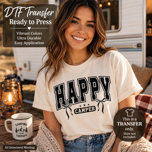 Woman wearing a 'Happy Camper' t-shirt with a mug and lantern in front of an RV.