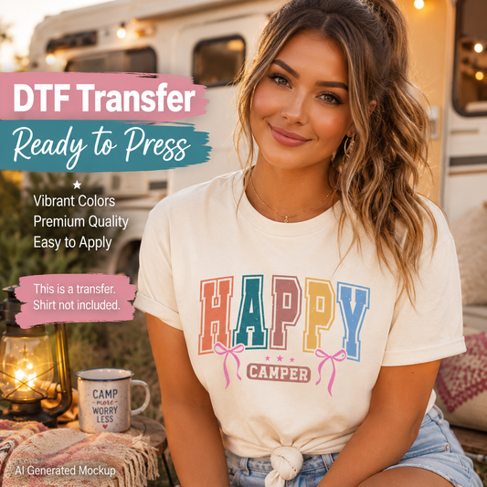 Woman wearing a 'Happy Camper' t-shirt with promotional text for DTF transfers.