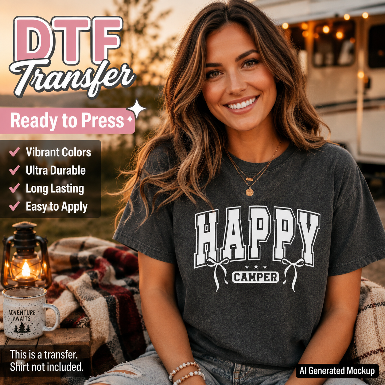 Woman wearing a 'Happy Camper' shirt with outdoor setting and DTF transfer text overlay.