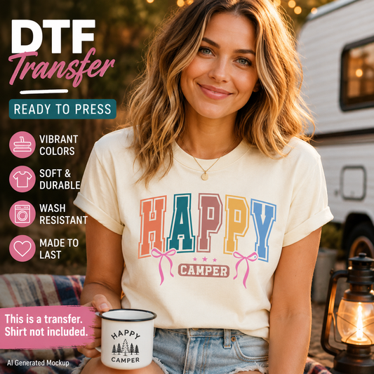 Woman wearing a 'Happy Camper' shirt with a mug, standing in front of a camper van.