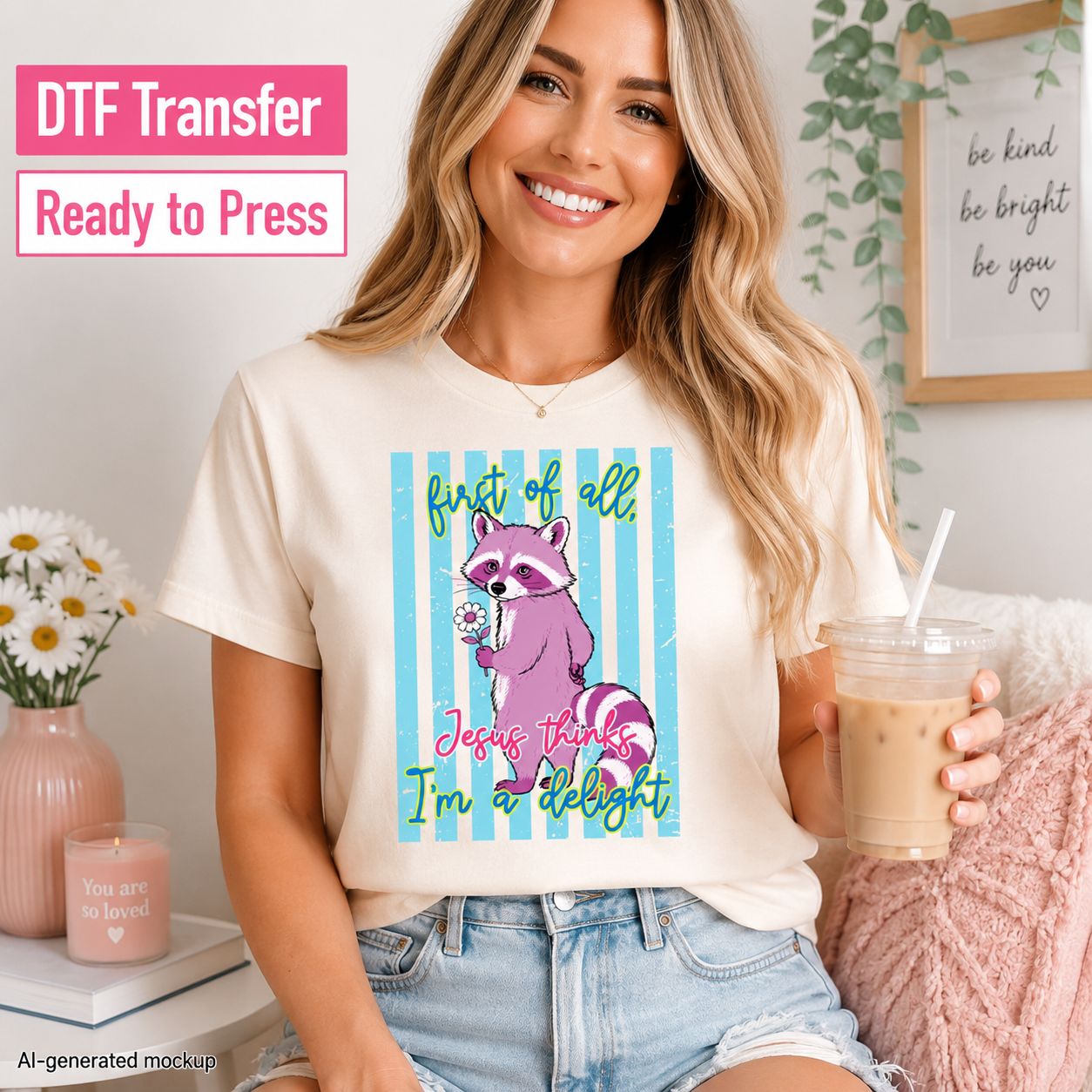 Woman wearing a t-shirt with a raccoon graphic and text, holding a drink.