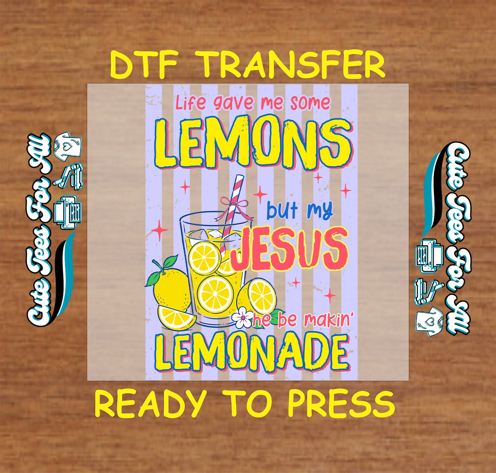 DTF transfer with lemon-themed design on a wooden surface