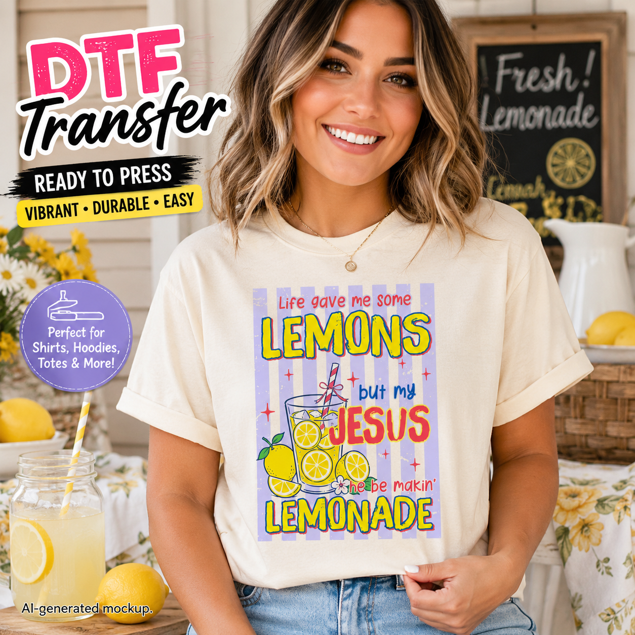 Woman wearing a t-shirt with a lemon-themed graphic and text, standing in front of a lemonade stand.