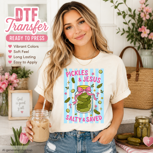 Woman wearing a t-shirt with 'Pickles & Jesus' design, holding a drink in a casual setting.