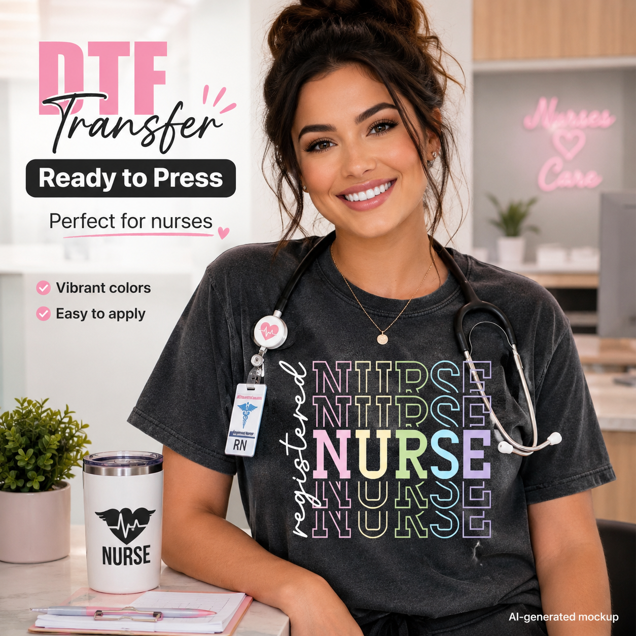 Nurse wearing a t-shirt with 'NURSE' text, sitting at a desk with a cup and stationery.