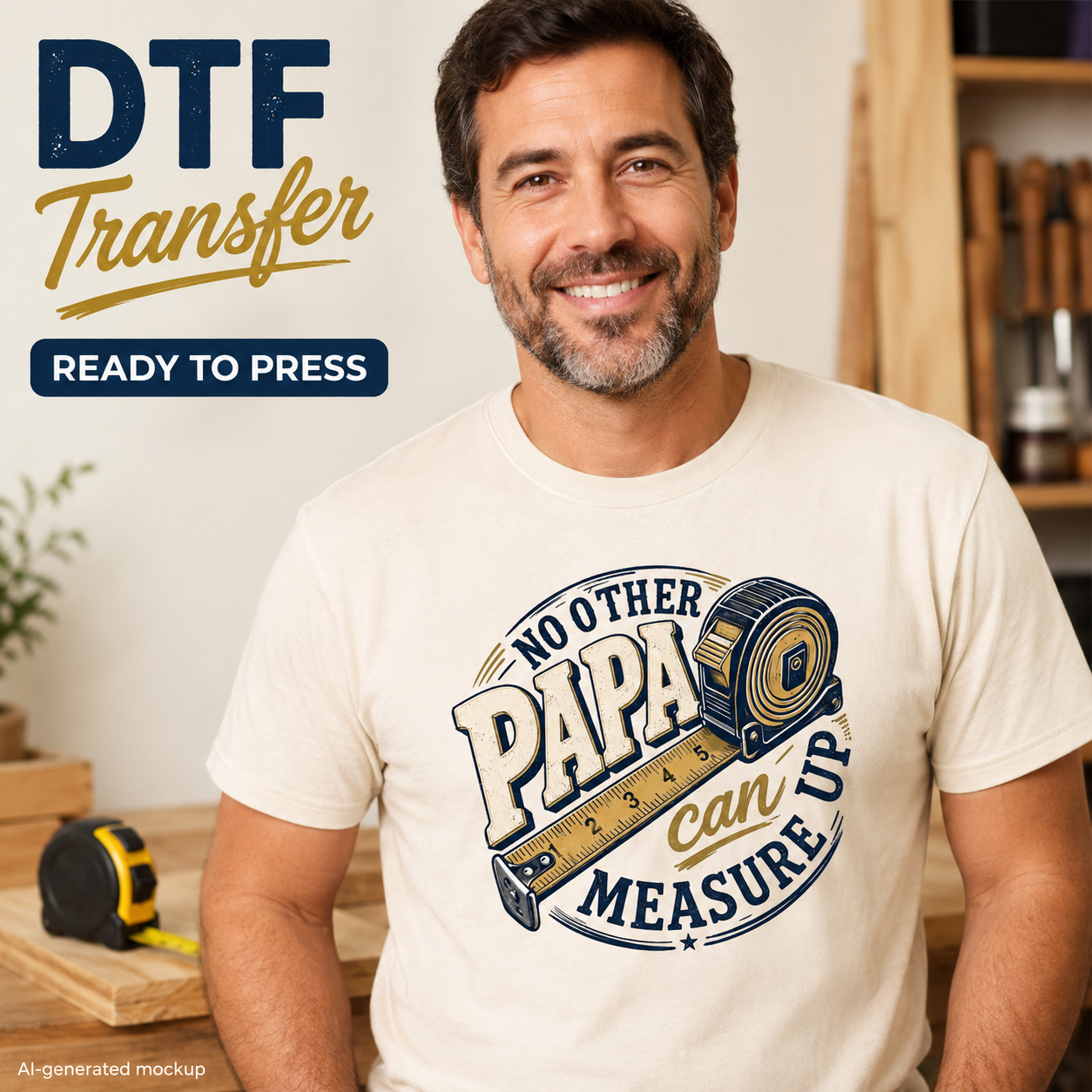 Man wearing a t-shirt with a 'No other Papa can measure up' design, standing in a workshop.